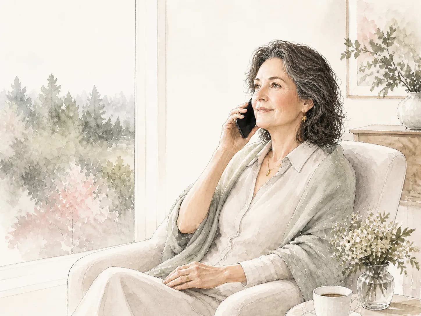A woman having a relaxed conversation on her phone at home