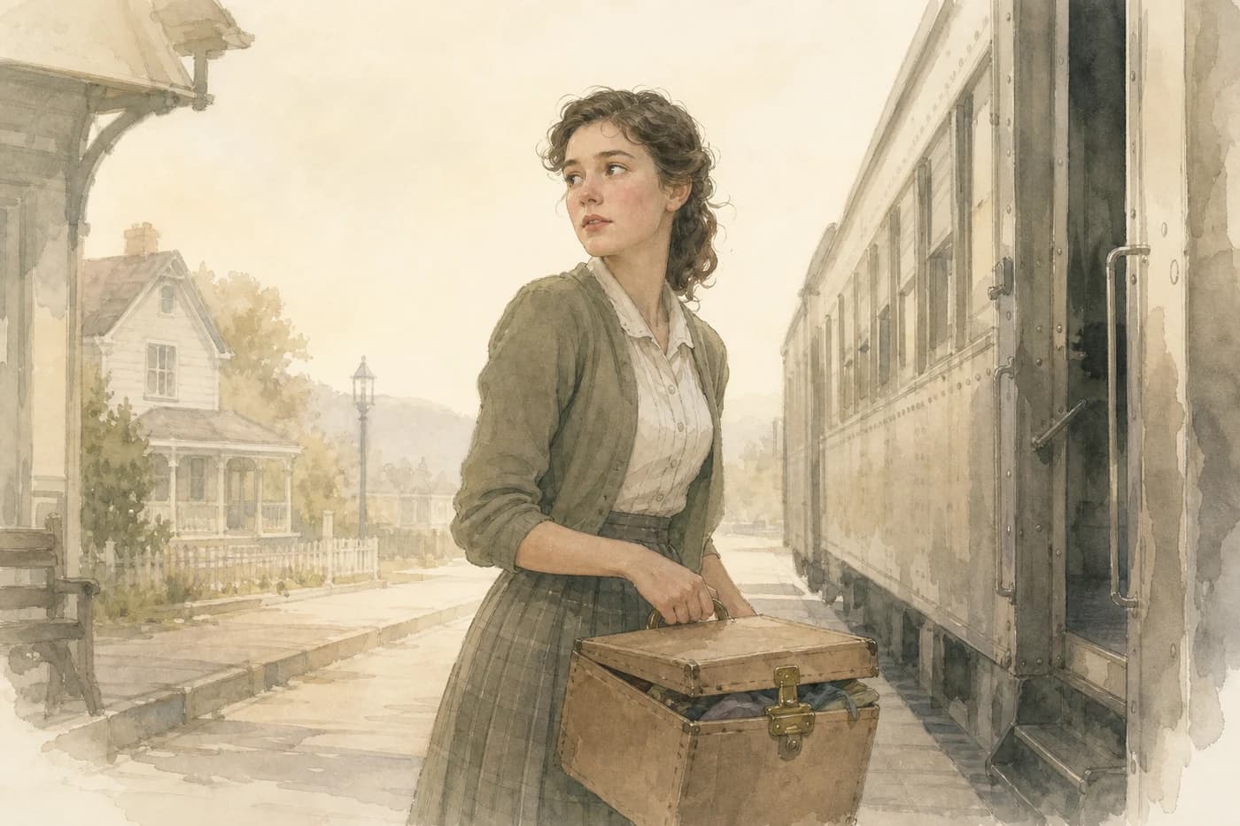 A young woman holding a worn suitcase beside a train as she looks back toward home